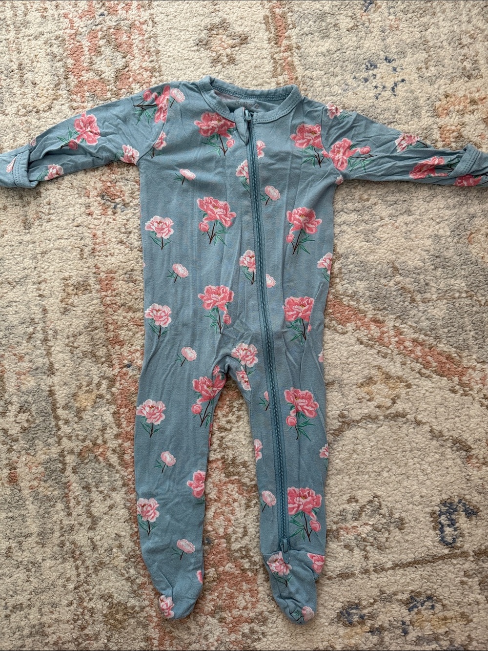 Kyte Baby Floral Zip One-Piece Sleeper - Pink Flowers on Blue